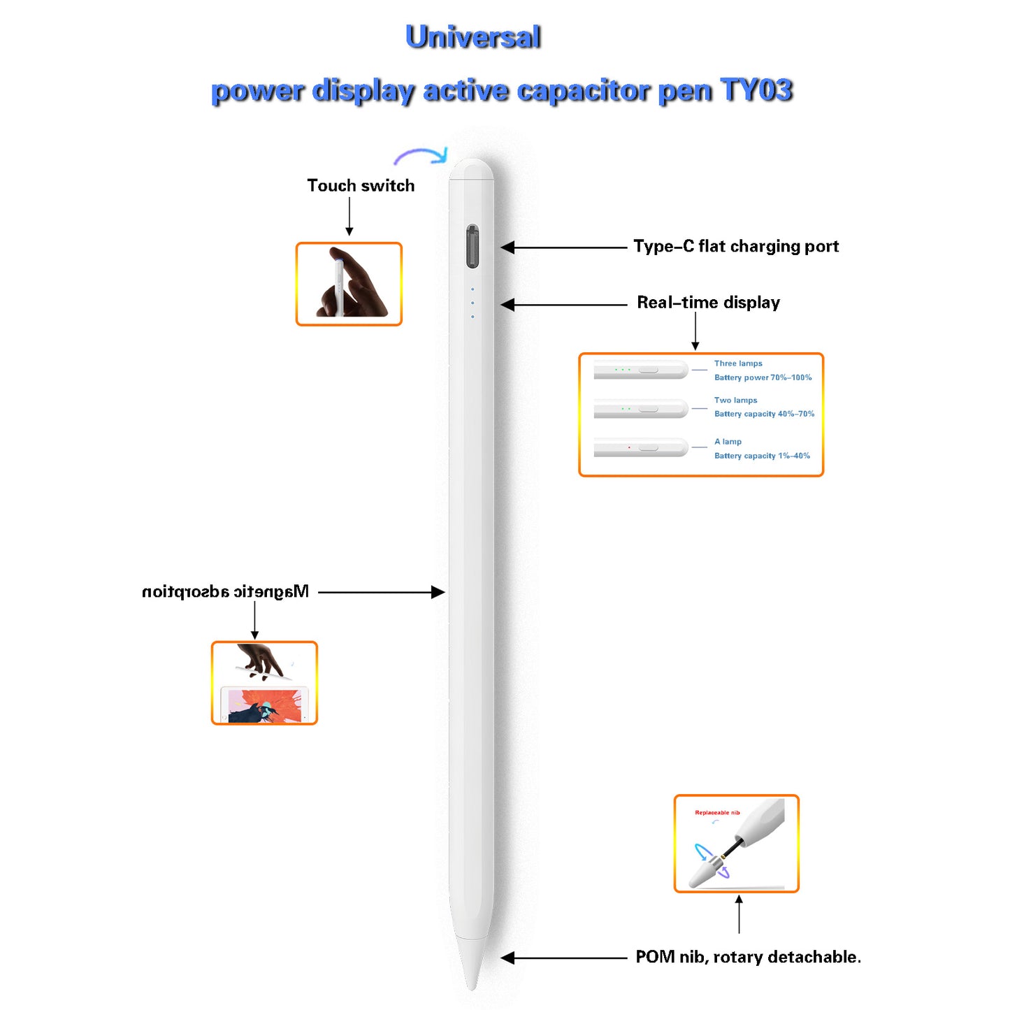 Universal + power display active capacitor pen TY03
